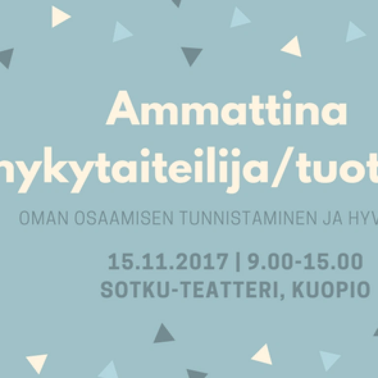Sinisellä taustalla valokuvia ja kahvikuppi. Teksti 