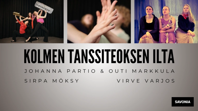 Kolme kuvaa tanssiteoksista. Yhdessä monta tanssijaa pitelee soittimia asetelmassa. Toisessa kuvassa kaksi kättä koskettaa toisiaan. Kolmannessa kuvassa kolme tanssijaa istuu rivissä tuoleilla ja katsoo eteensä.