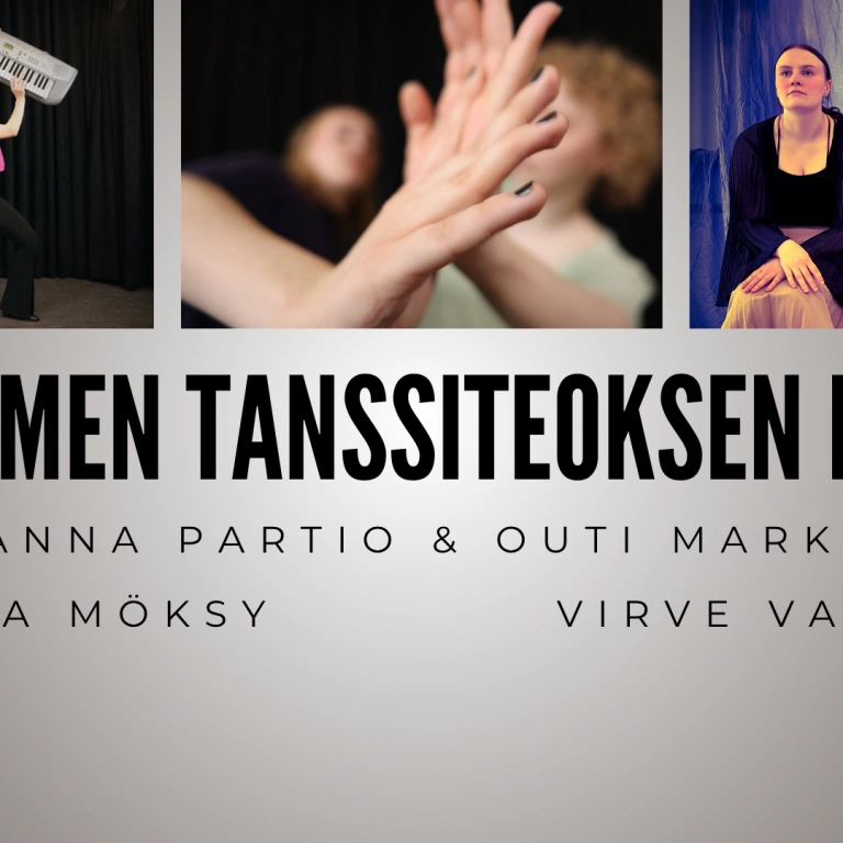 Kolme kuvaa tanssiteoksista. Yhdessä monta tanssijaa pitelee soittimia asetelmassa. Toisessa kuvassa kaksi kättä koskettaa toisiaan. Kolmannessa kuvassa kolme tanssijaa istuu rivissä tuoleilla ja katsoo eteensä.