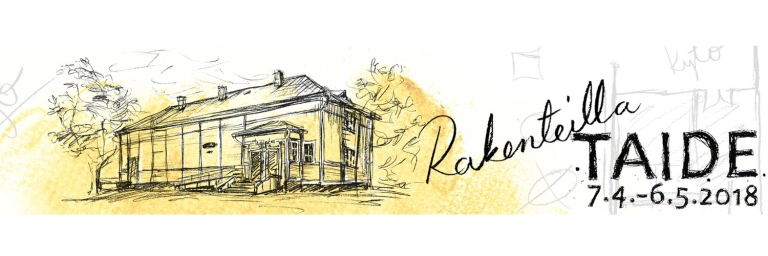 Piirretty kuva rakennuksesta, jota ympäröivät puut. Teksti "Rakenteilla taide".